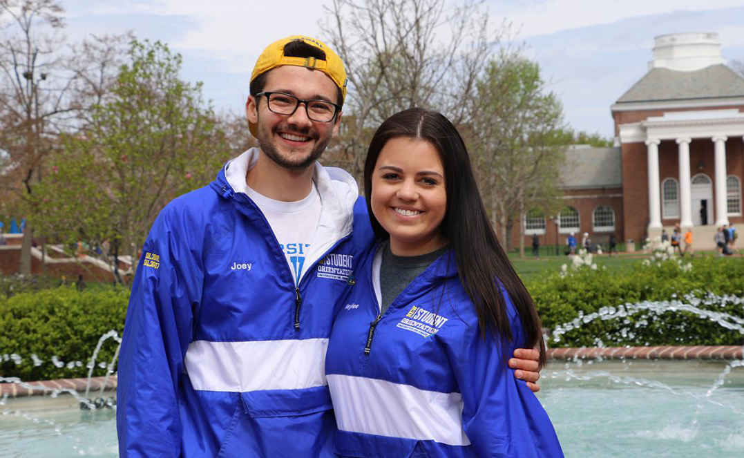 Joey Gallo and Haylee Hidalgo stand in front of Memorial Hall