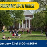Students walk on campus. Text says, "Graduate Programs Open House! Wednesday, January 23rd."