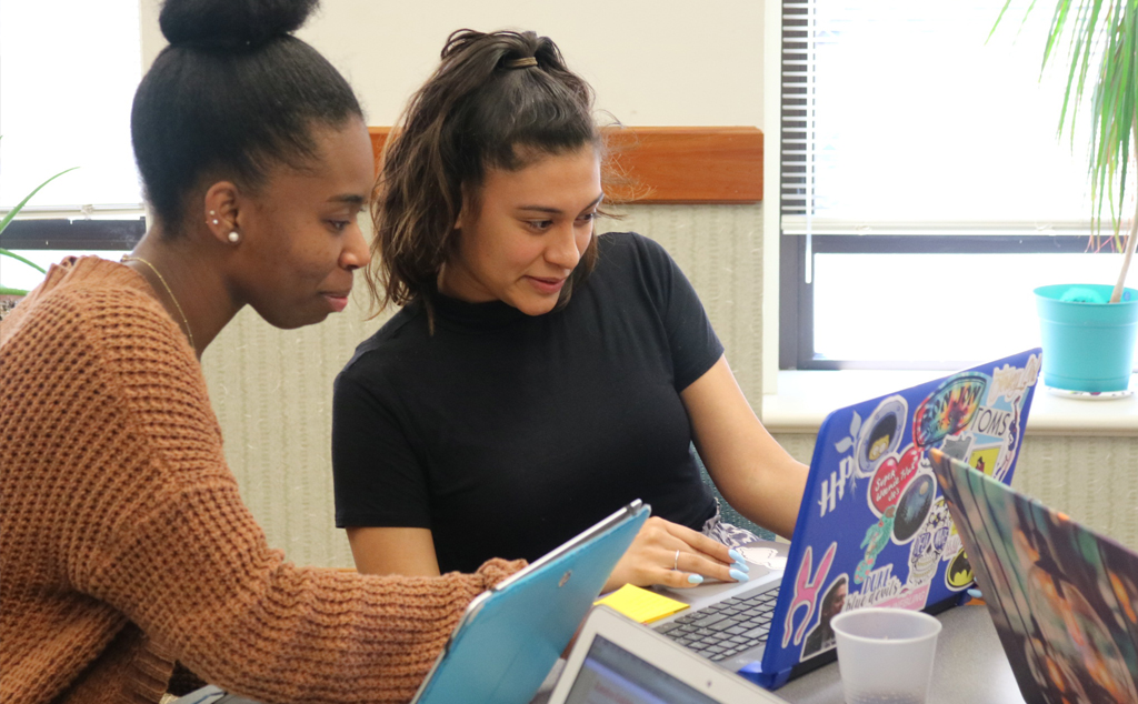 Two students work together on laptops