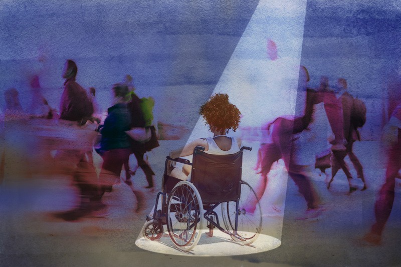 Illustration showing a woman sitting in a wheelchair from behind