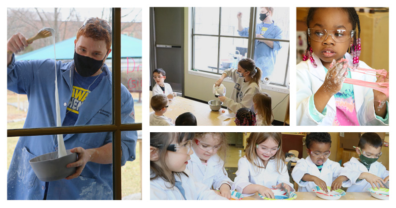 Tyler Van Buren, a UD mechanical engineering assistant professor, teaching science to Early Learning Center students