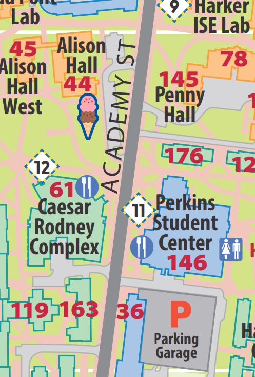 Map showing UD campus buildings along Academy Street