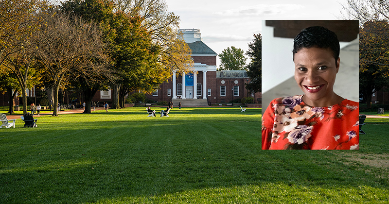 Janine de Novais headshot and photo of the University of Delaware campus