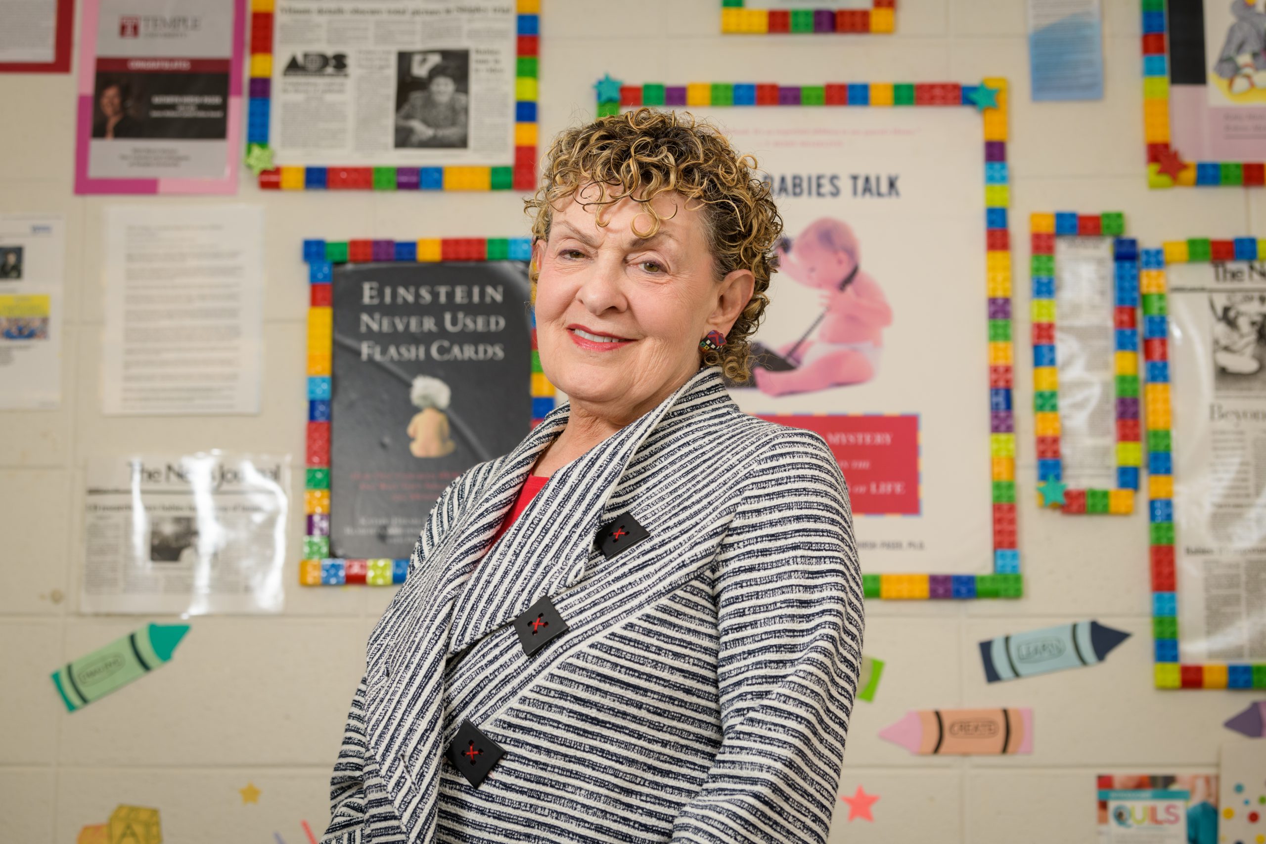 Environmental and posed photos of Roberta Golinkoff, the Unidel H. Rodney Sharp Chair of the School of Education and a professor in Linguistics & Cognitive Science and Psychological & Brain Sciences.