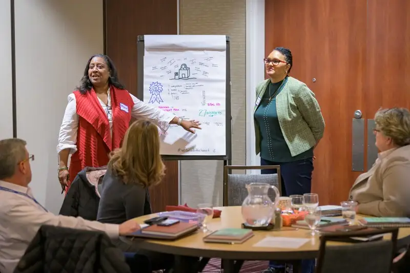 School district executive leaders from across Delaware participate in team building activities during the launch of the Executive Leadership Academy, a branch of the Governor’s Institute for School Leadership.