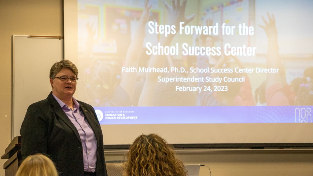 Faith Muirhead, director of UD’s School Success Center, outlines the next steps for partnering in school success in a meeting of the Superintendent’s Study Council.