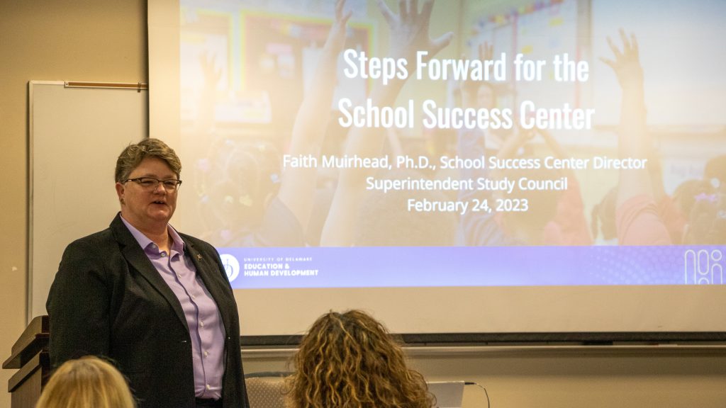 Faith Muirhead, director of UD’s School Success Center, outlines the next steps for partnering in school success in a meeting of the Superintendent’s Study Council. 