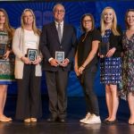 Faculty Senate President Nancy Getchell (left) and Provost Laura Carlson (right) congratulate recipients of the 2023 Excellence in Teaching Award: (from left) Stephanie Raible, Christine Hoch, Jonathan Russ, Elizabeth Soslau, Lauren Genova and Stefanie DeVito.