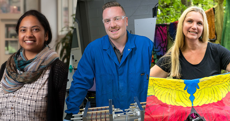 The University of Delaware’s Office of Sustainability has recognized the sustainability efforts of three Blue Hens with 2023 Green Hen Awards. They include (left to right): Haritha Malladi, assistant professor of civil and environmental engineering; Bradie Crandall, a doctoral student in the Department of Chemical and Biomolecular Engineering; and Katie Pollock, master teacher at the Lab School.