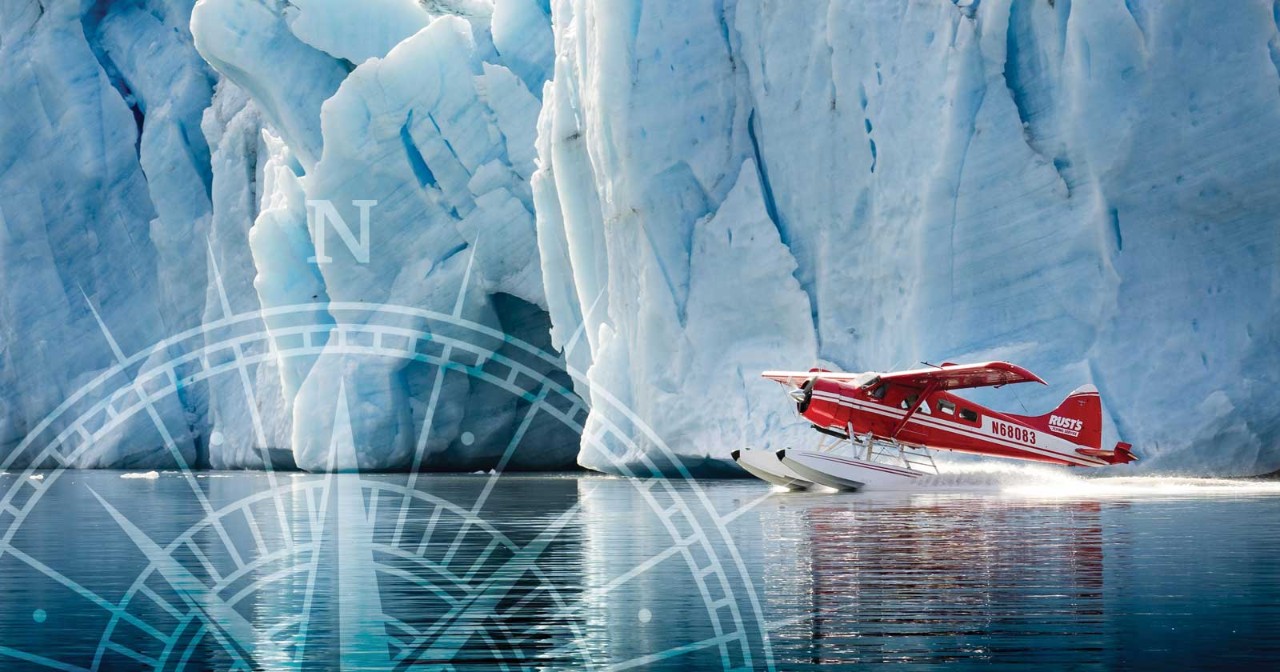 Water plane in water in front of glacier in Alaska