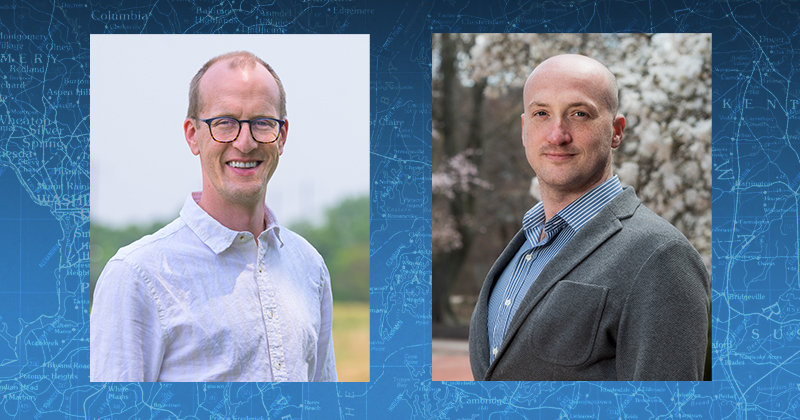 Kyle Davis (left), assistant professor of geography and spatial sciences and plant and soil sciences, and Kenneth Shores, assistant professor in the School of Education, are the 2023 Gerard J. Mangone Young Scholars in recognition of being promising faculty and accomplished work as researchers by the University of Delaware’s Francis Alison Society.