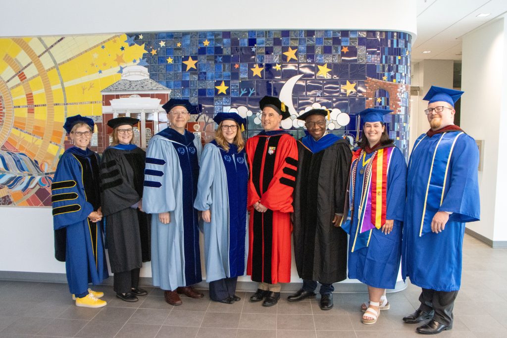 Provost Laura Carlson, CEHD Interim Dean Rena Hallam, School of Education Director Steve Amendum, CEHD Director of Research Laura Desimone, Department of Human Development and Family Sciences Chair Jason Hustedt, Master of Social Work Director Ohiro Oni-Eseleh, graduating student keynote speaker MaryGrace Wallace and graduating student singer Christopher Brown served as members of the platform party.