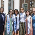 Graduating Community Engagement Scholars Avery Wolverton, Amrutha Veeramachineni, Jasmin Bioteau and Maggie Johnson with Chief Community Engagement Officer Michael Vaughan (far left) and Community Engagement Initiative Assistant Director Leann Moore (far right).