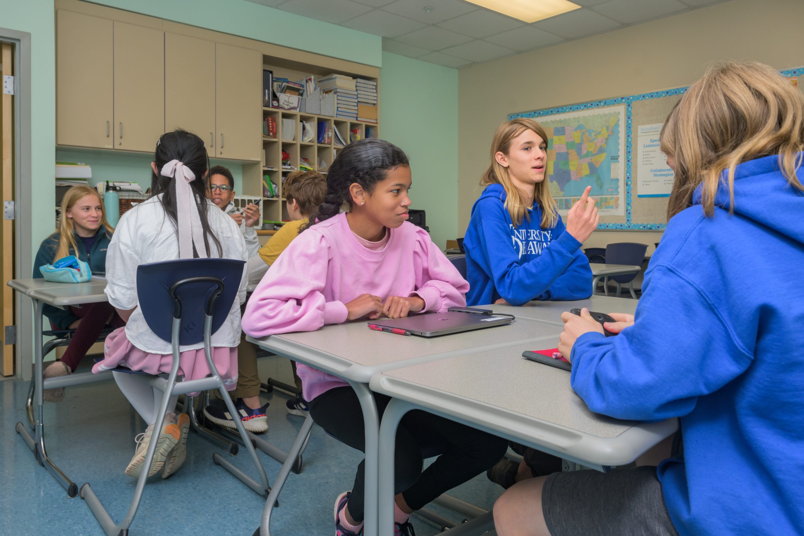 Students participate in a classroom discussion at the College of Education and Human Development’s The College School, a school that serves students with learning differences in grades 1-8.