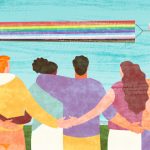 A group of people stand together looking at plane with a rainbow banner as it flies by.