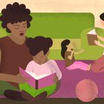 Illustration depicting caregivers reading to children.