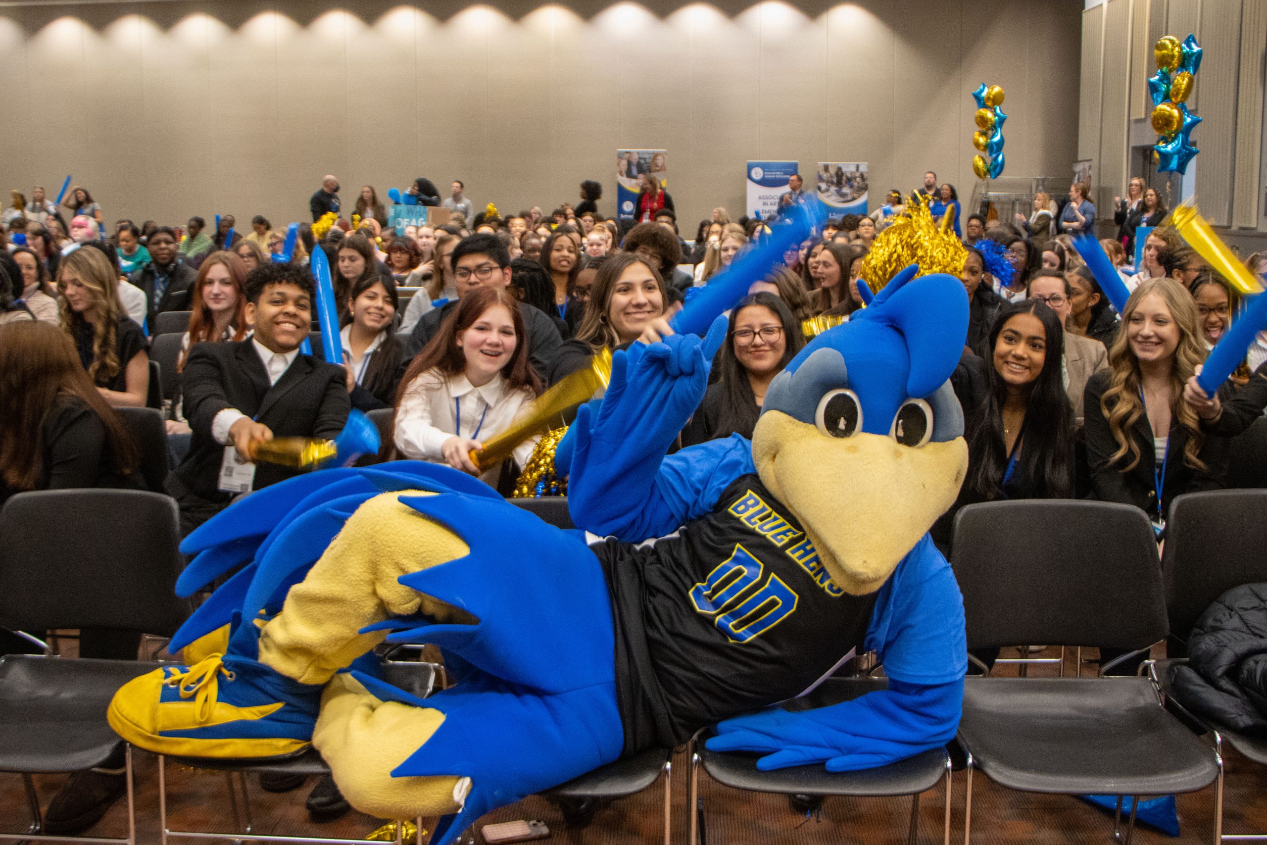 Students at the conference enjoyed a UD pep rally with a guest appearance from YoUDee.