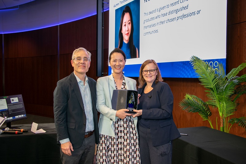 Ye Shen (center), assistant professor at Johns Hopkins School of Education, received the 2026 Alumni Trailblazer Award. She is pictured with David Coker (left), professor in the School of Education, and Rena Hallam (right), interim dean.