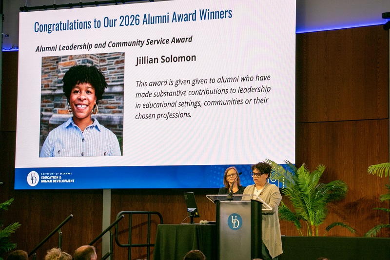 Jillian Solomon, associate dean of residence education on Duke University’s East Campus, received the 2026 Alumni Leadership and Community Service Award. Ann Aviles, associate professor in the Department of Human Development and Family Sciences, introduces the award and Solomon.