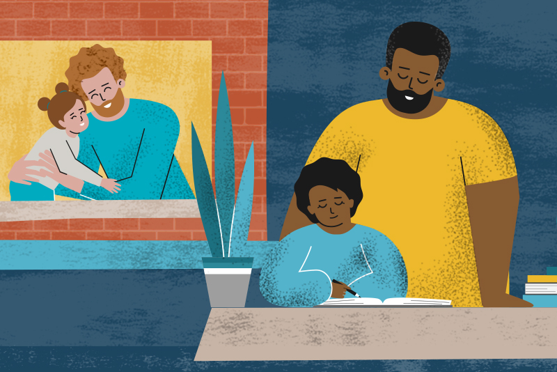Illustration of two fathers with their children.