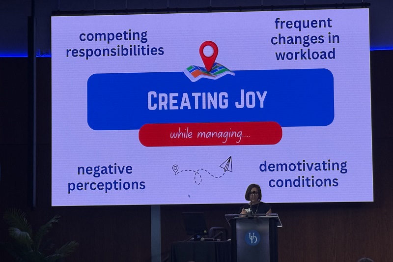 Professor Elizabeth Soslau gives a keynote address to 120 members of the Mid-Atlantic Teaching Faculty Alliance at its annual conference, hosted on UD’s STAR campus in June 2026.