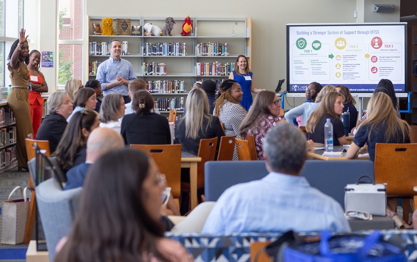 Megan Pell and Dana Farrior of CDS present on multi-tiered systems of supports for students at Dover High School with Brittany Hazzard and Garret George of Capital School District at the 2026 Policy and Practice Institute.