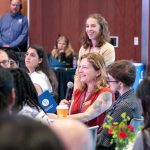 Sara Goldstein, professor in the Department of Human Development and Family Sciences (HDFS), answers questions from graduate students about her research and the field at the 2026 Cross University Collaborative Mentoring Conference, hosted by UD’s College of Education and Human Development June 4-5. Rosa Mykyta-Chomsky, HDFS doctoral student, stands behind her.