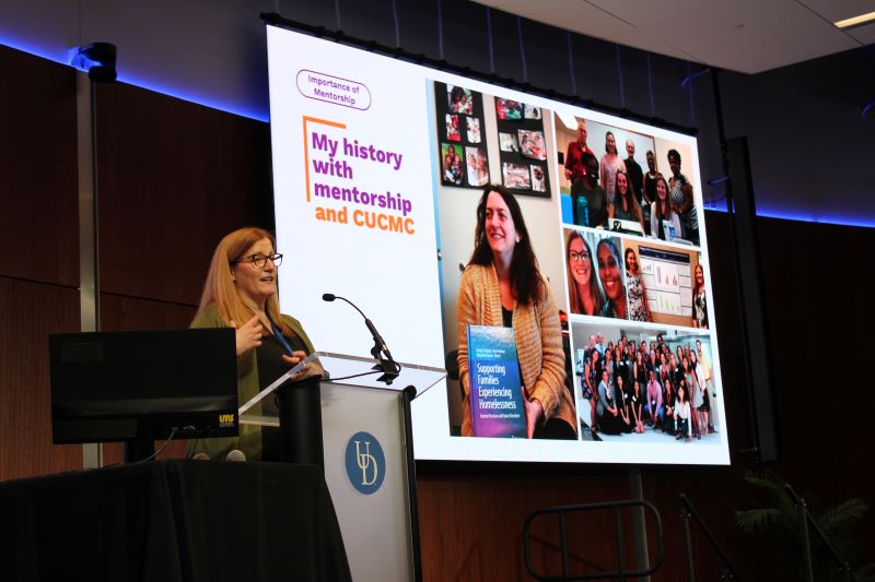 Sara Shaw, senior research scientist at SchoolHouse Connection and HDFS alum, emphasizes the importance of mentoring in her keynote address.