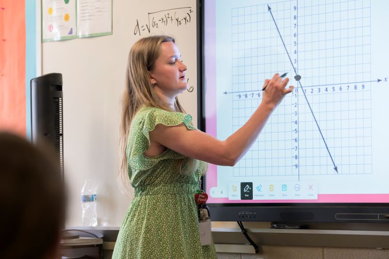 With a new federal grant, UD Associate Professor Lynsey Gibbons and her team will study teacher coaching in mathematics education. Here, Kaitlyn Hand, a graduate of UD’s elementary and middle school teacher education program, teaches math at Fred Fifer III Middle School in Camden, Delaware.