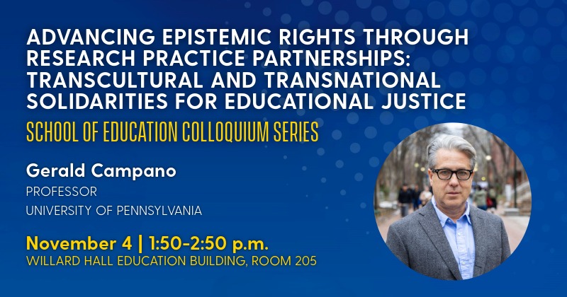 Gerald Campano of the University of Pennsylvania will give a colloquium on teaching scripts and teacher knowledge on October 21, 2026.